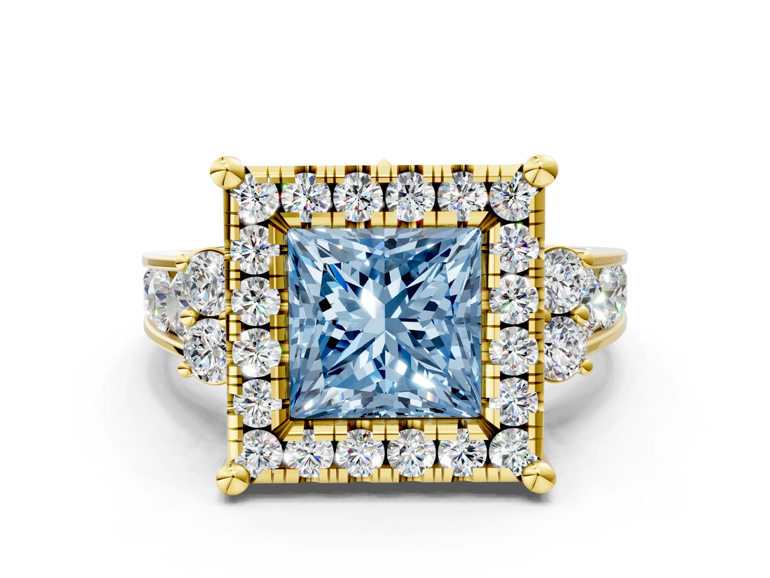 Yellow gold Fancy Blue Princess  Halo Diamond Engagement Ring with Split Shank and Four-Prong Setting