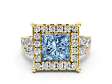 Yellow gold Fancy Blue Princess  Halo Diamond Engagement Ring with Split Shank and Four-Prong Setting