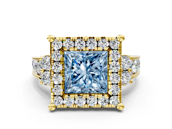 Yellow Gold Princess Cut Graduated Channel Halo Engagement Ring Setting for Fancy Blue Center