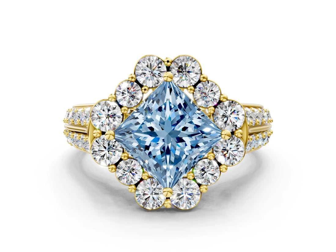 Yellow gold Fancy Blue Princess  Halo Diamond Engagement Ring with Split Shank and Prong Setting_66