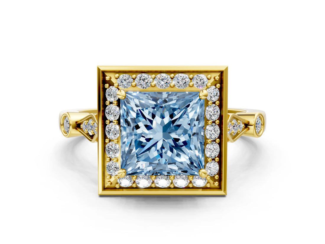 Yellow gold Fancy Blue Princess  Halo Diamond Engagement Ring with Twisted Band and Four-Prong Setting 1