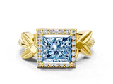 Yellow gold Fancy Blue Princess  Halo Diamond Floral Band with Four-Prong Setting_55