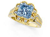 Yellow gold Fancy Blue Princess  Halo Diamond Floral Split Shank Engagement Ring 1