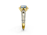 Yellow gold Fancy Blue Princess  Halo Diamond Floral Split Shank Engagement Ring 2
