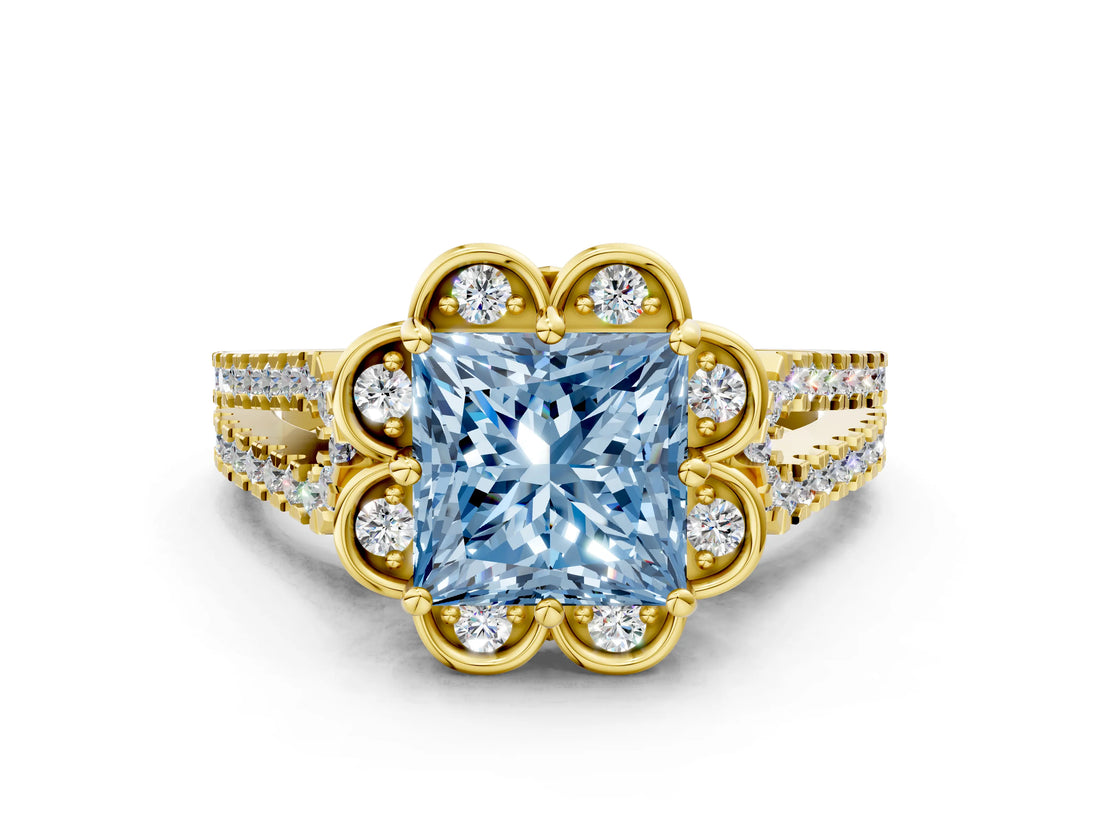 Yellow gold Fancy Blue Princess  Halo Diamond Floral Split Shank Engagement Ring