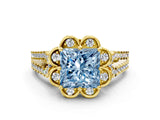 Yellow gold Fancy Blue Princess  Halo Diamond Floral Split Shank Engagement Ring