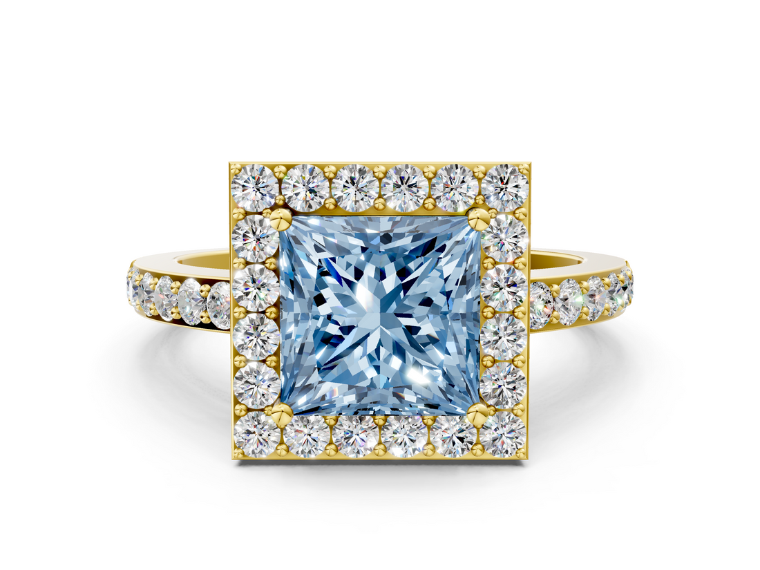 Yellow gold Fancy Blue Princess  Halo Diamond Pavé Band Ring with Prong Setting_20