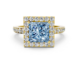 Yellow gold Fancy Blue Princess  Halo Diamond Pavé Band Ring with Prong Setting_20
