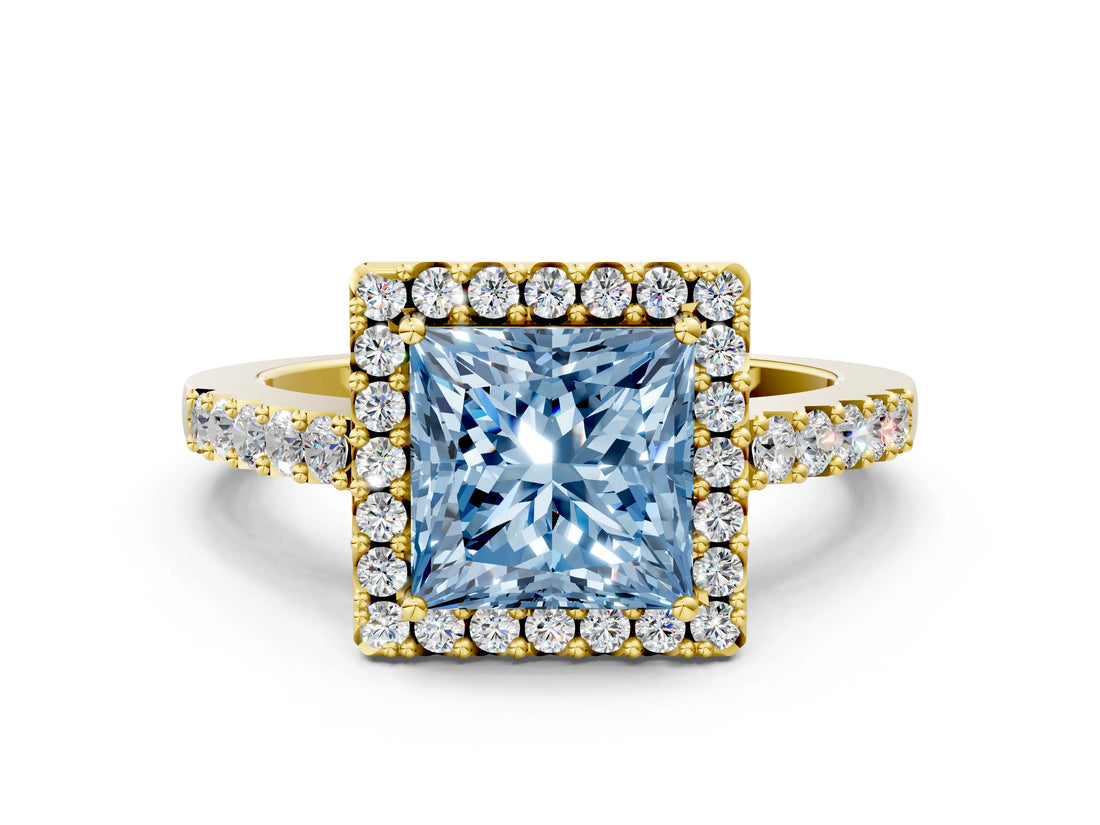 Yellow gold Fancy Blue Princess  Halo Diamond Pavé Solitaire Ring_78