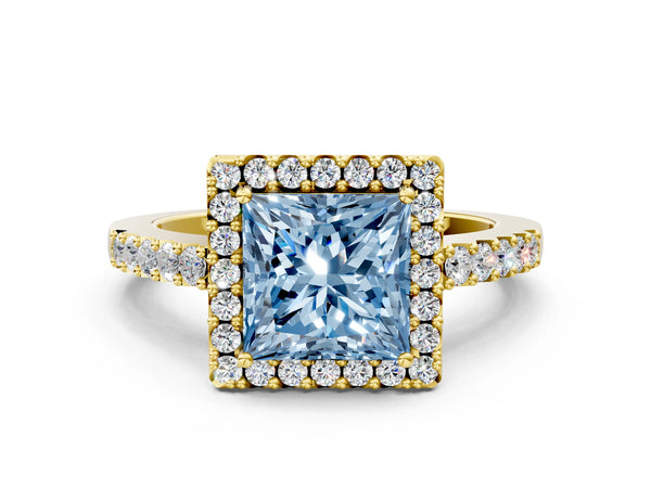Yellow gold Fancy Blue Princess  Halo Diamond Pavé Solitaire Ring