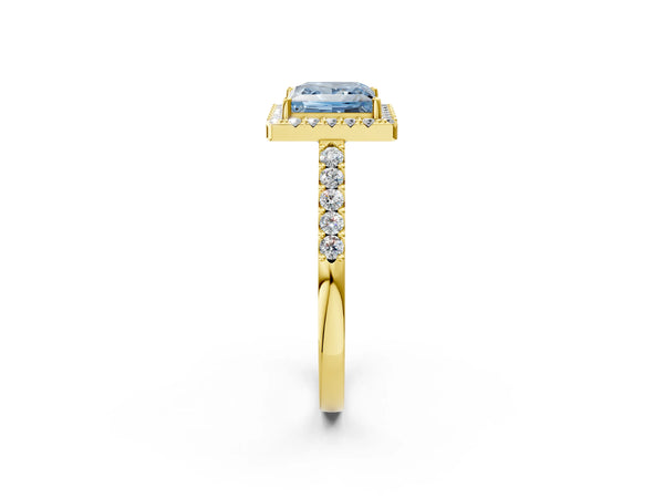 Yellow gold Fancy Blue Princess  Halo Diamond Pavé Solitaire Ring