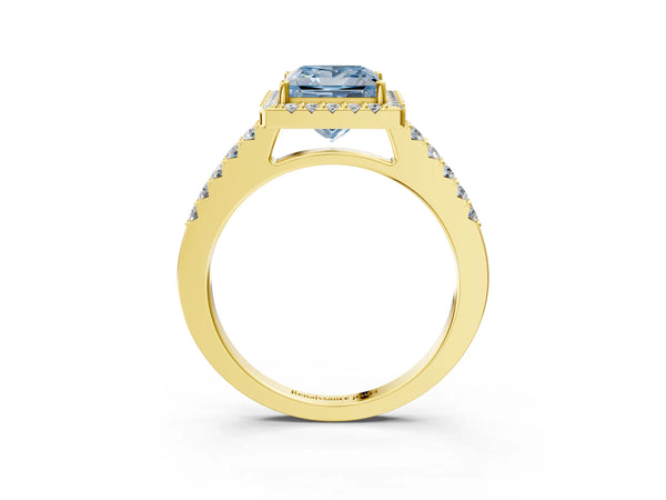 Yellow gold Fancy Blue Princess  Halo Diamond Pavé Solitaire Ring