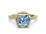 Yellow gold Fancy Blue Princess  Halo Diamond Pave Band Ring with Four-Prong Setting_15