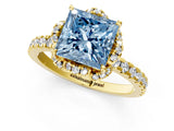 Yellow gold Fancy Blue Princess  Halo Diamond Pave Band Ring with Four-Prong Setting_16