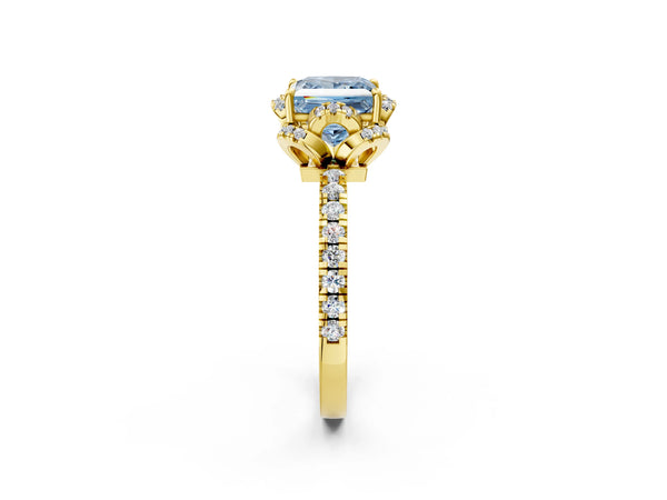 Yellow gold Fancy Blue Princess  Halo Diamond Pave Band Ring with Four-Prong Setting