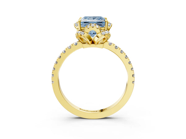 Yellow gold Fancy Blue Princess  Halo Diamond Pave Band Ring with Four-Prong Setting