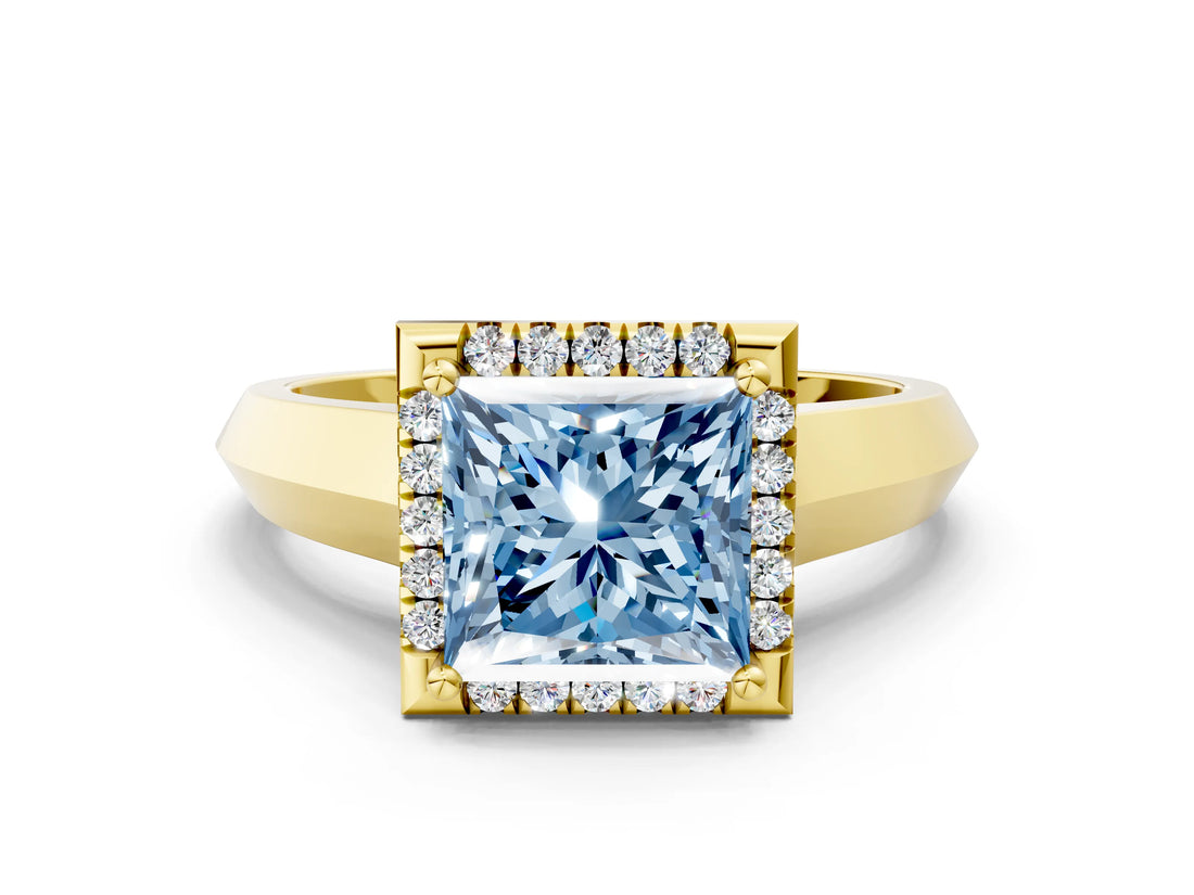 Yellow gold Fancy Blue Princess  Halo Diamond Ring with Cathedral Band and Four-Prong Setting_72