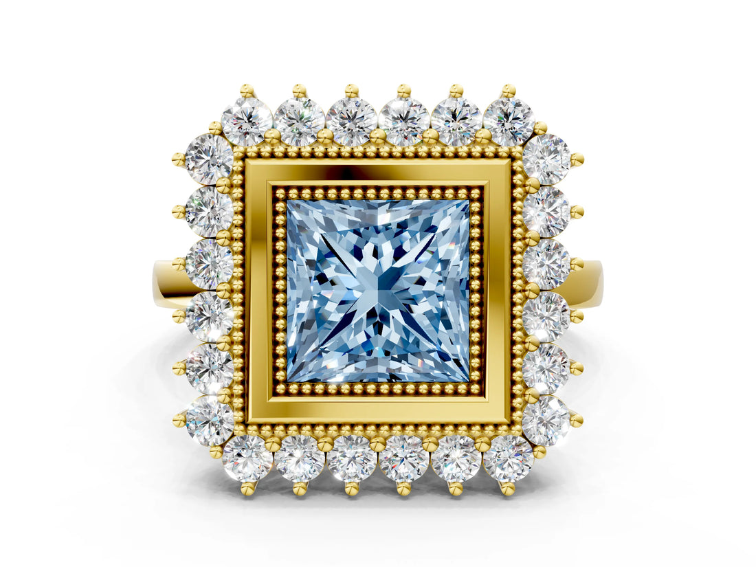 Yellow gold Fancy Blue Princess  Halo Diamond Ring with Milgrain Edge and Round Prong Setting_26