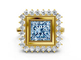 Yellow gold Fancy Blue Princess  Halo Diamond Ring with Milgrain Edge and Round Prong Setting_26