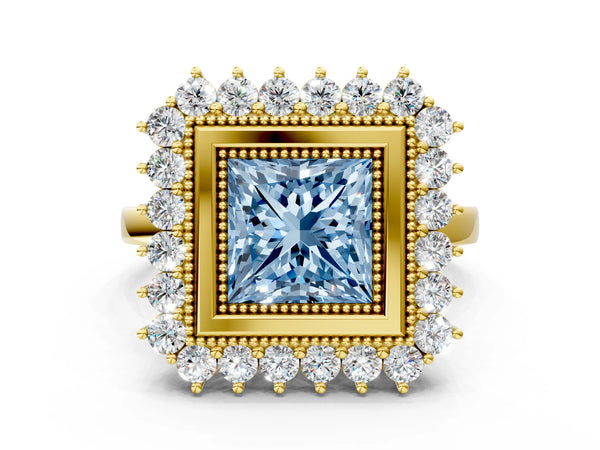 Yellow gold Fancy Blue Princess  Halo Diamond Ring with Milgrain Edge and Round Prong Setting