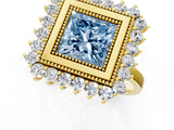 Yellow gold Fancy Blue Princess  Halo Diamond Ring with Milgrain Edge and Round Prong Setting_27