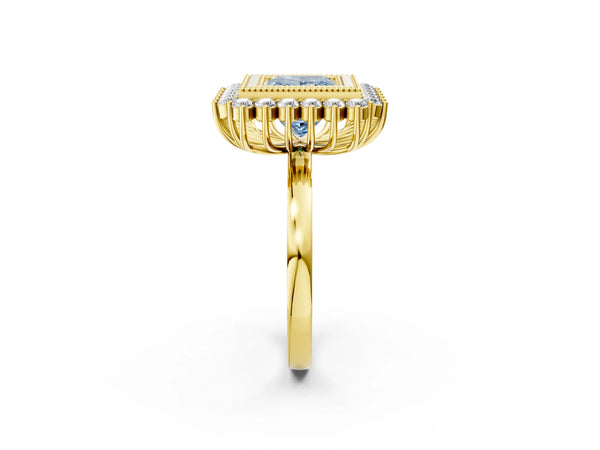 Yellow gold Fancy Blue Princess  Halo Diamond Ring with Milgrain Edge and Round Prong Setting