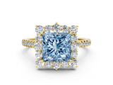 Yellow gold Fancy Blue Princess  Halo Diamond Ring with Pavé Band and Prong Setting_20