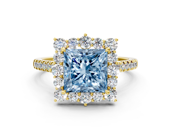 Yellow gold Fancy Blue Princess  Halo Diamond Ring with Pavé Band and Prong Setting