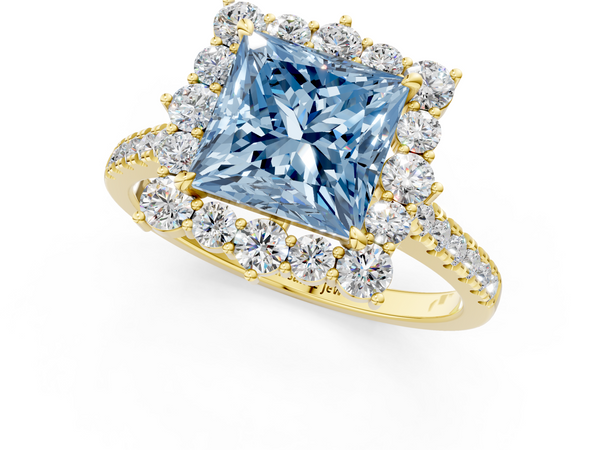 Yellow gold Fancy Blue Princess  Halo Diamond Ring with Pavé Band and Prong Setting