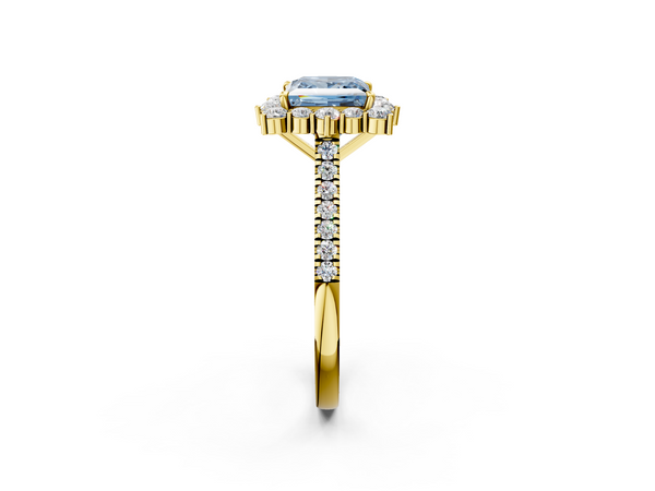 Yellow gold Fancy Blue Princess  Halo Diamond Ring with Pavé Band and Prong Setting