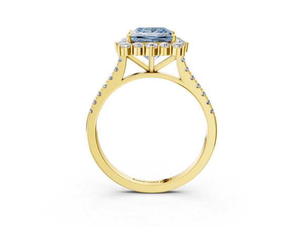 Yellow gold Fancy Blue Princess  Halo Diamond Ring with Pavé Band and Prong Setting