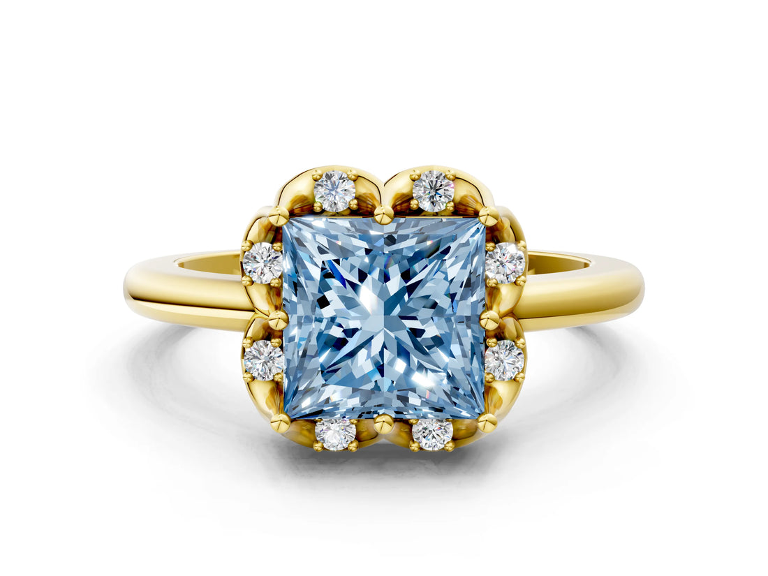 Yellow gold Fancy Blue Princess  Halo Diamond Ring with Round Cluster Setting, Solitaire Band, and Four-Prong Setting_49