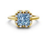 Yellow gold Fancy Blue Princess  Halo Diamond Ring with Round Cluster Setting, Solitaire Band, and Four-Prong Setting_49