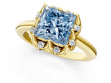 Yellow gold Fancy Blue Princess  Halo Diamond Ring with Round Cluster Setting, Solitaire Band, and Four-Prong Setting_50