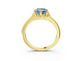 Yellow gold Fancy Blue Princess  Halo Diamond Ring with Round Cluster Setting, Solitaire Band, and Four-Prong Setting_52