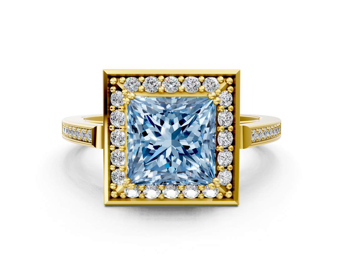 Yellow gold Fancy Blue Princess  Halo Diamond Ring with Split Shank and Four-Prong Setting_45