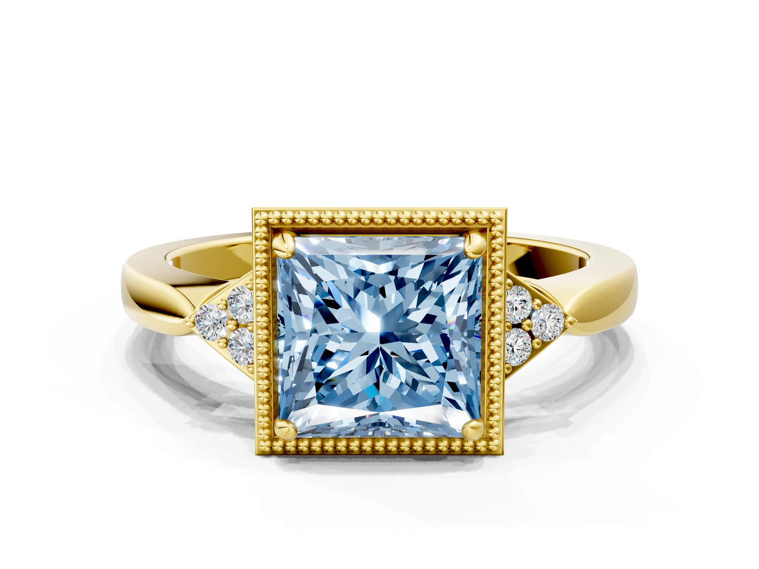 Yellow gold Fancy Blue Princess  Halo Diamond Ring with Tapered Band and Four-Prong Setting_7