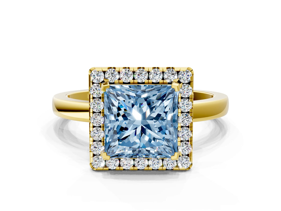 Yellow gold Fancy Blue Princess  Halo Diamond Solitaire with Pavé Band and Four-Prong Setting_70