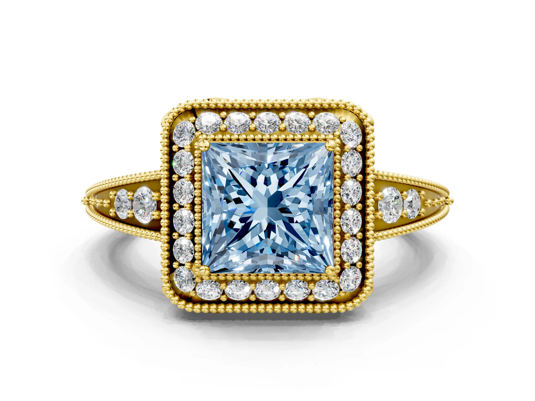 Yellow gold Fancy Blue Princess  Halo Diamond Split Shank Ring with Milgrain Detail_47