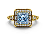 Yellow gold Fancy Blue Princess  Halo Diamond Split Shank Ring with Milgrain Detail_47