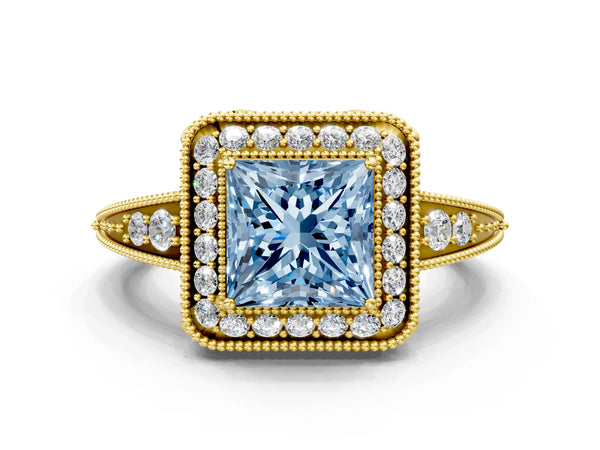Yellow Gold Princess Cut Vintage Halo Engagement Ring Setting for Fancy Blue Center with Milgrain