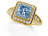 Yellow gold Fancy Blue Princess  Halo Diamond Split Shank Ring with Milgrain Detail_48