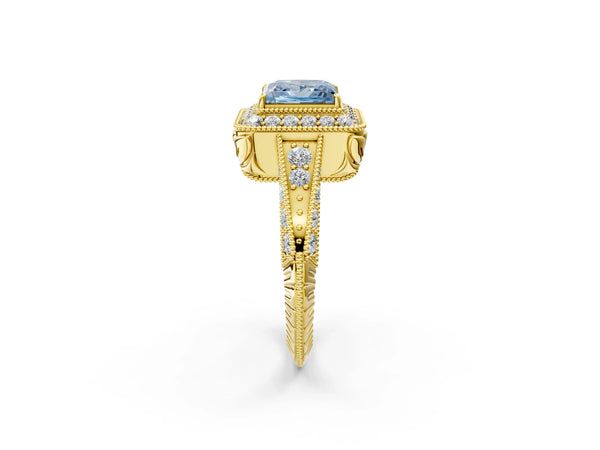 Yellow Gold Princess Cut Vintage Halo Engagement Ring Setting for Fancy Blue Center with Milgrain