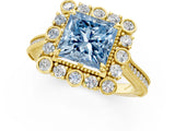 Yellow gold Fancy Blue Princess  Halo Milgrain Pave Diamond Ring with Four-Prong Setting 1