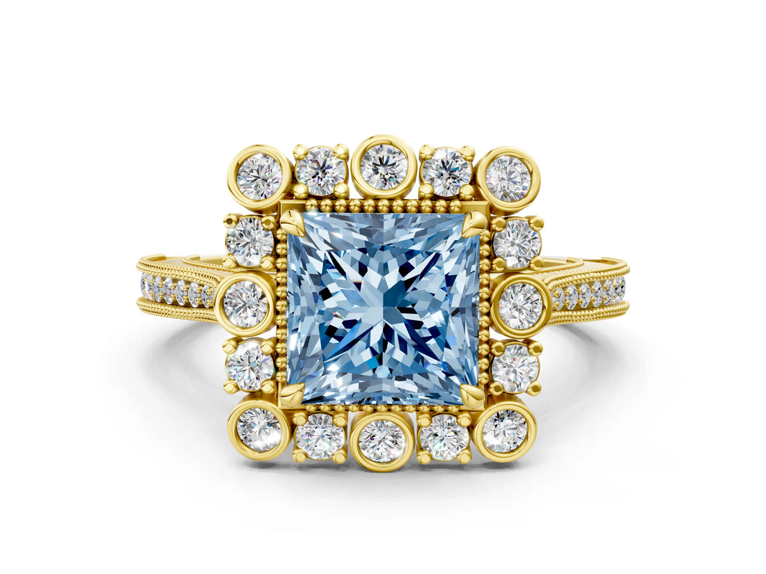 Yellow gold Fancy Blue Princess  Halo Milgrain Pave Diamond Ring with Four-Prong Setting