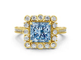 Yellow gold Fancy Blue Princess  Halo Milgrain Pave Diamond Ring with Four-Prong Setting