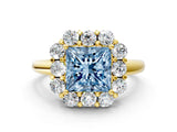Yellow gold Fancy Blue Princess  Halo Milgrain Solitaire with Bezel Set Side Stones and Pave Band_67