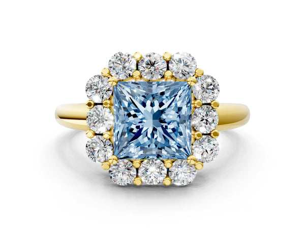 Yellow gold Fancy Blue Princess  Halo Milgrain Solitaire with Bezel Set Side Stones and Pave Band