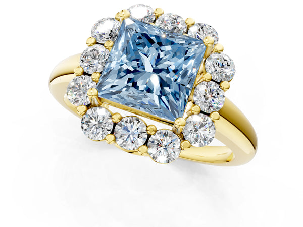 Yellow gold Fancy Blue Princess  Halo Milgrain Solitaire with Bezel Set Side Stones and Pave Band