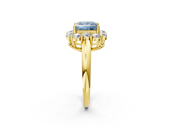 Yellow gold Fancy Blue Princess  Halo Milgrain Solitaire with Bezel Set Side Stones and Pave Band